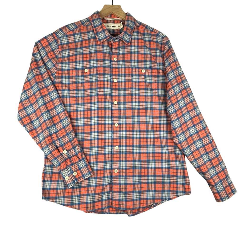 The Normal Brand Shirt Mens Large Orange Blue Plaid Flannel Work Pockets Outdoor